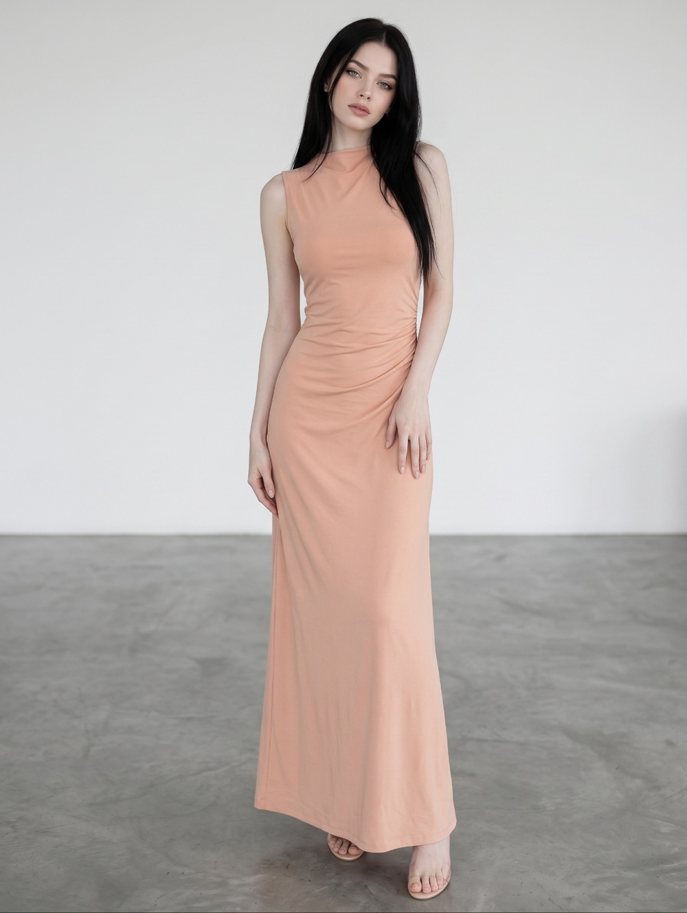 Vince Apricot Clay Ruched Mock Neck Midi Dress NWT M Minimalist Quiet Luxury